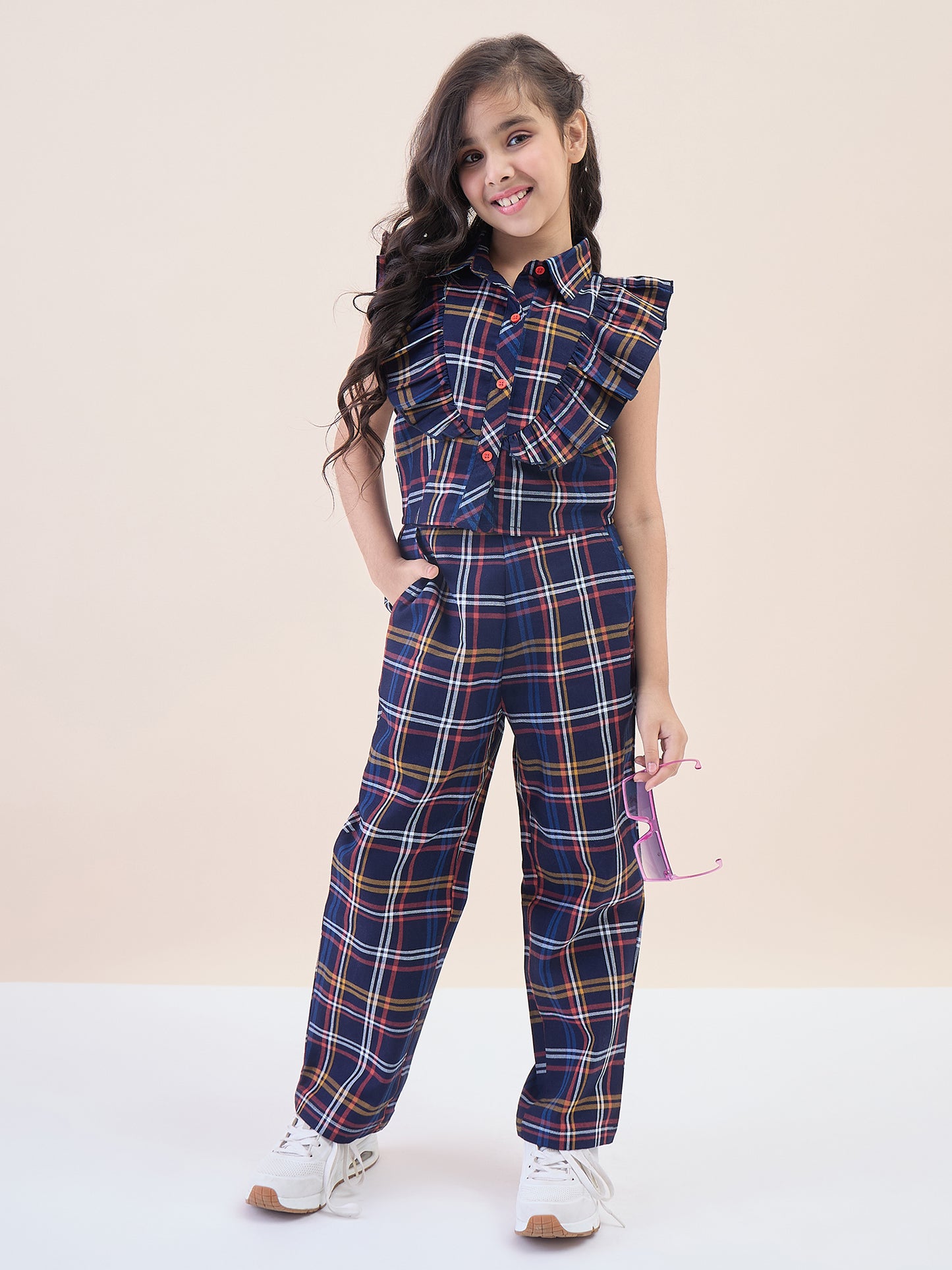 Girls Ankle Length All over Print Top With Pants - Navy Blue