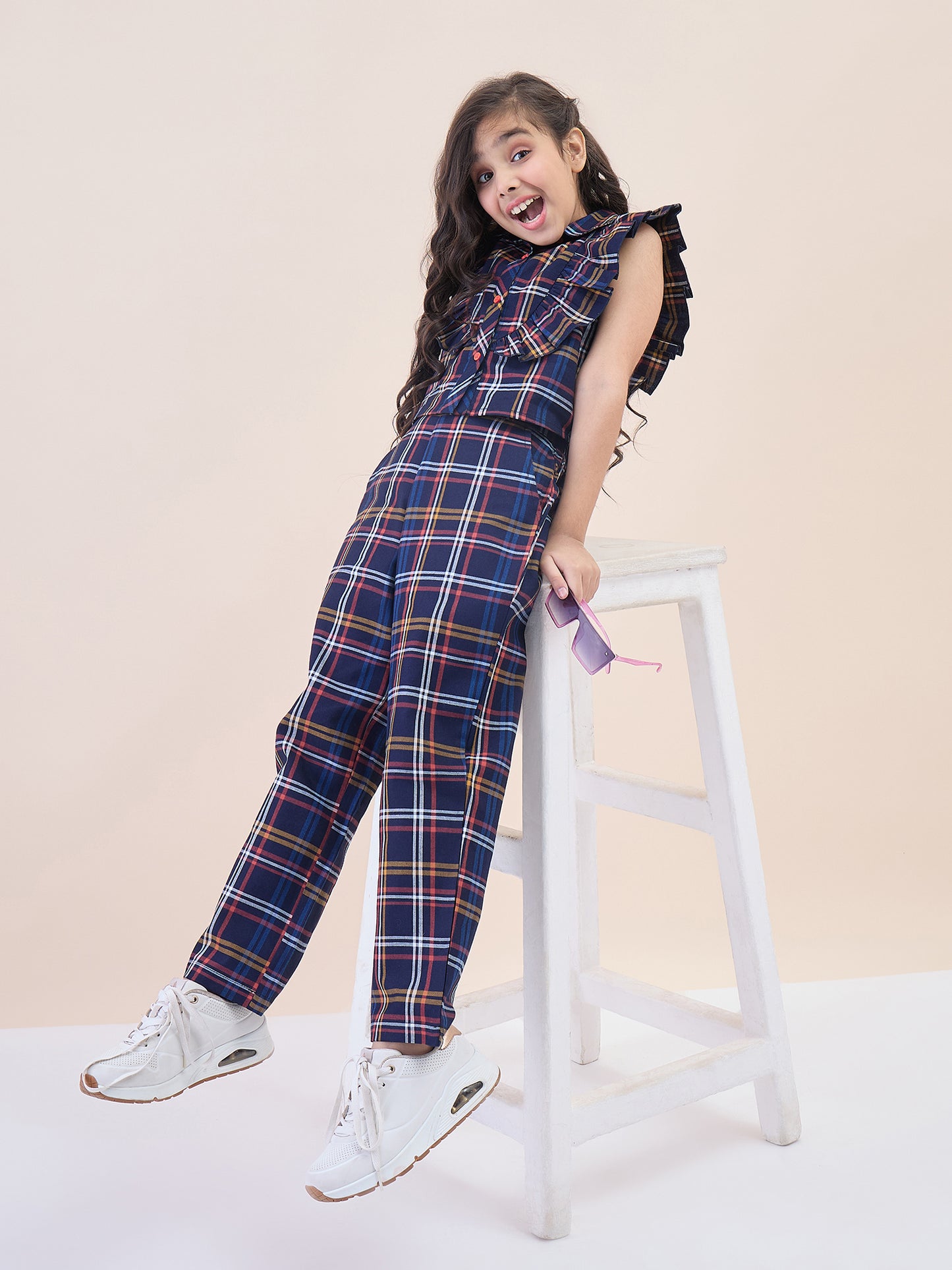 Girls Ankle Length All over Print Top With Pants - Navy Blue
