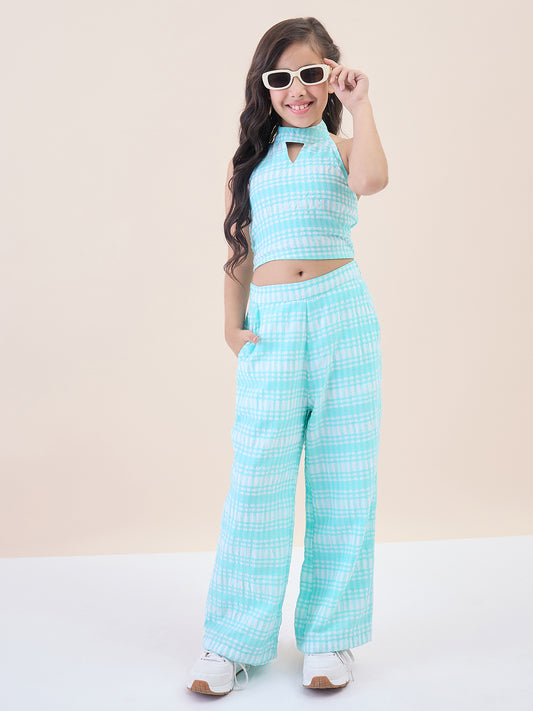 Girls Ankle Length All over Print Top With Pants - Blue