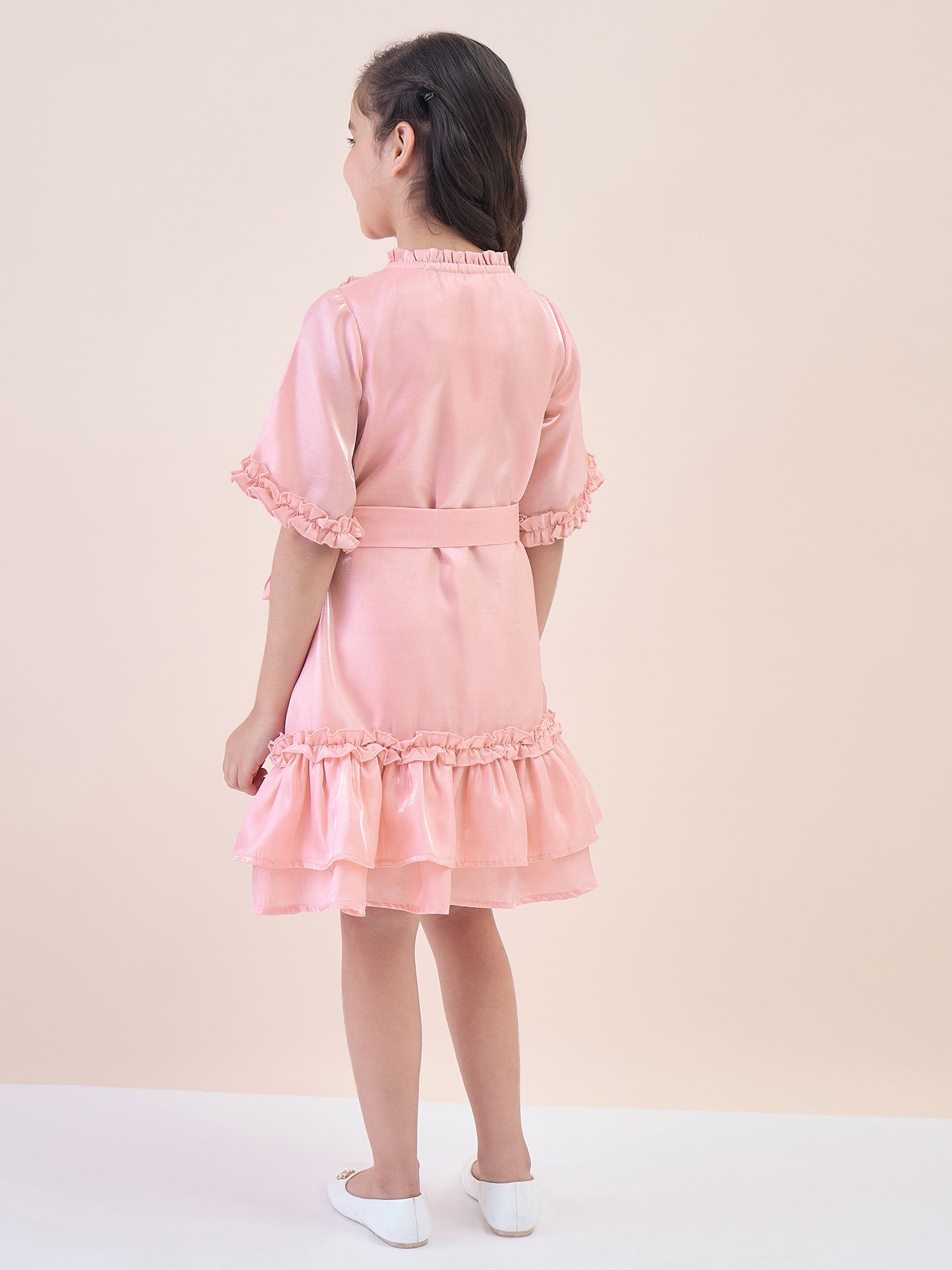 Girls Knee Length Solid Dress - Peach
