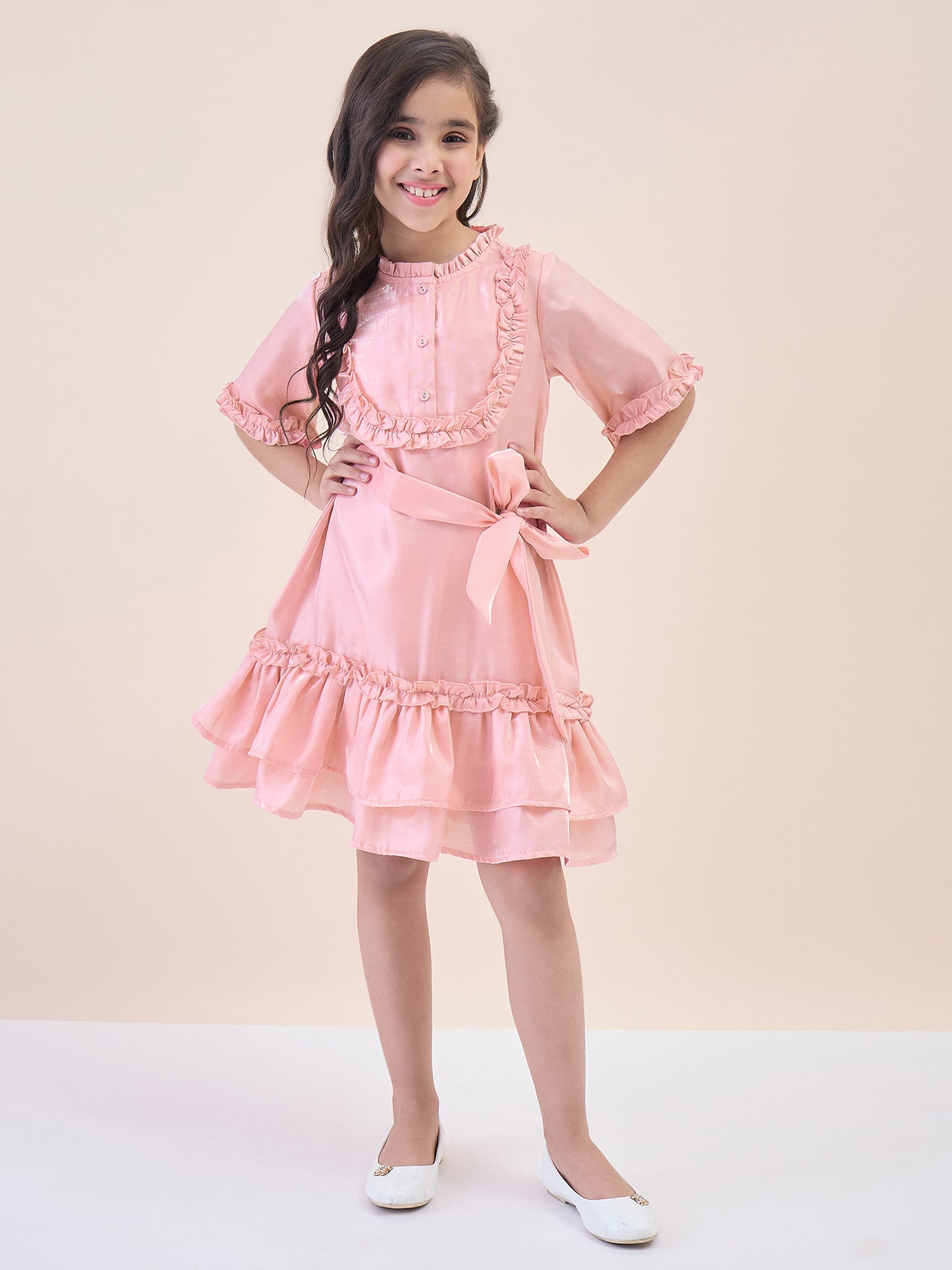Girls Knee Length Solid Dress - Peach