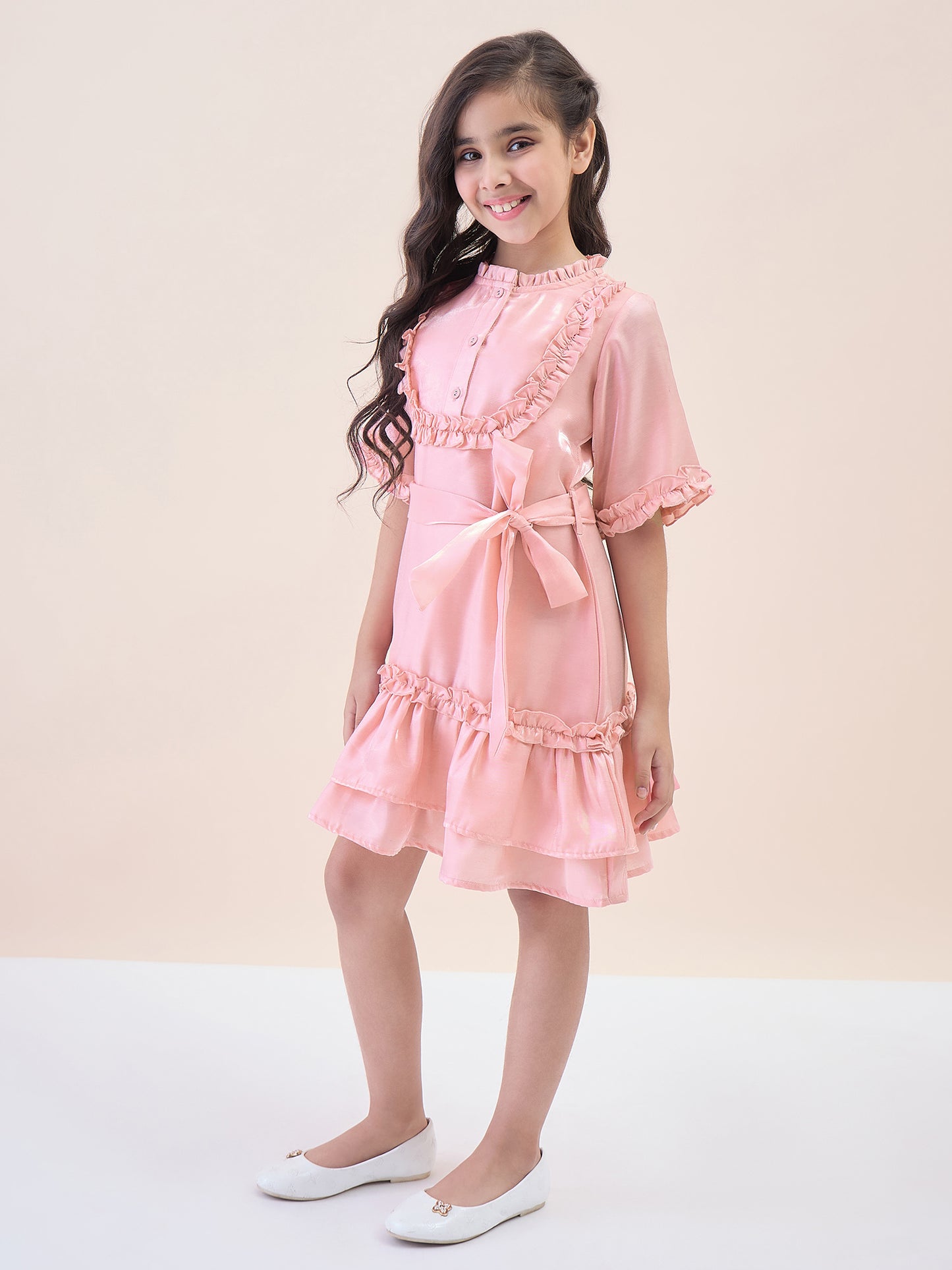 Girls Knee Length Solid Dress - Peach