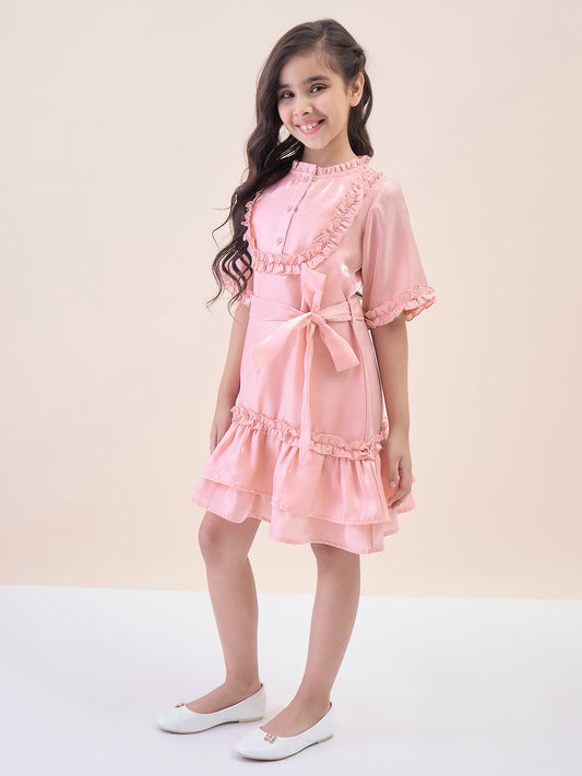 Girls Knee Length Solid Dress - Peach