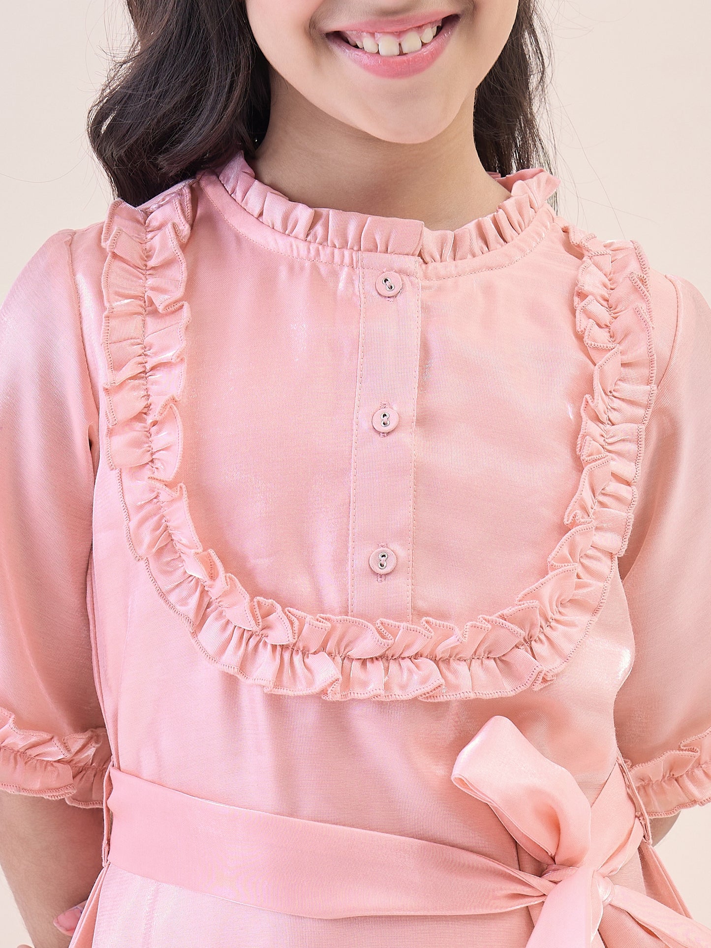 Girls Knee Length Solid Dress - Peach