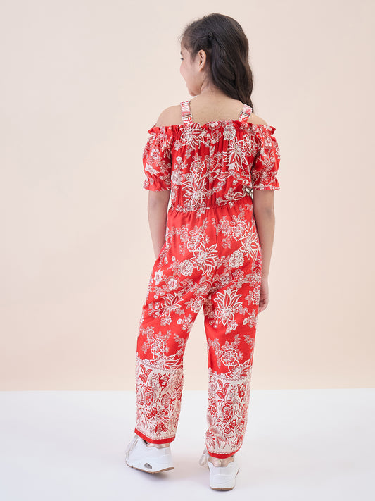 Girls Ankle Length All over Print Jumpsuit - Red