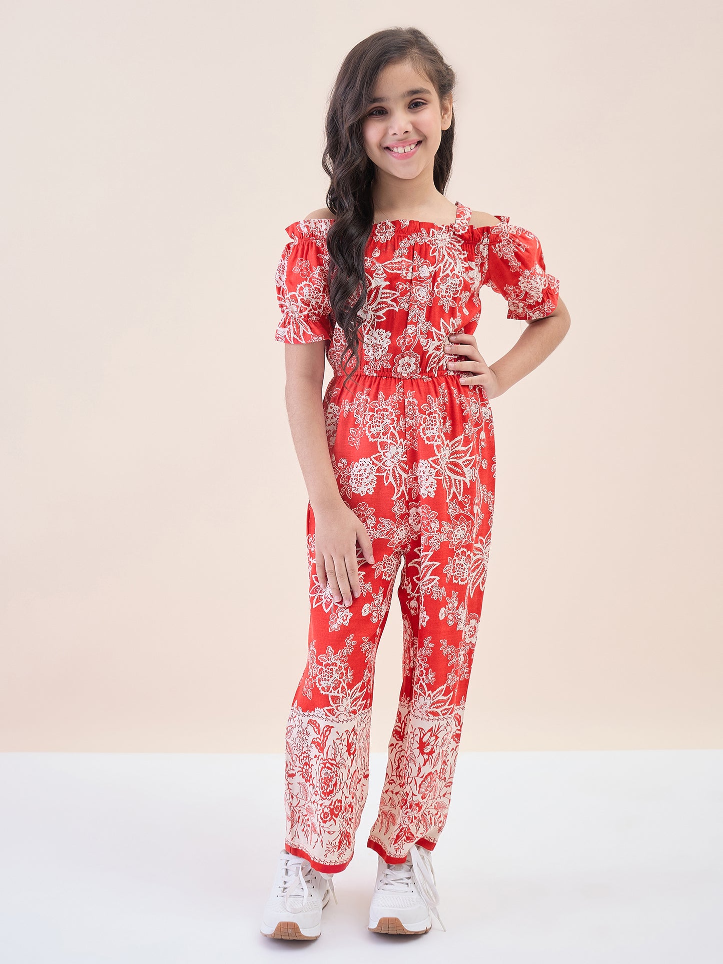 Girls Ankle Length All over Print Jumpsuit - Red