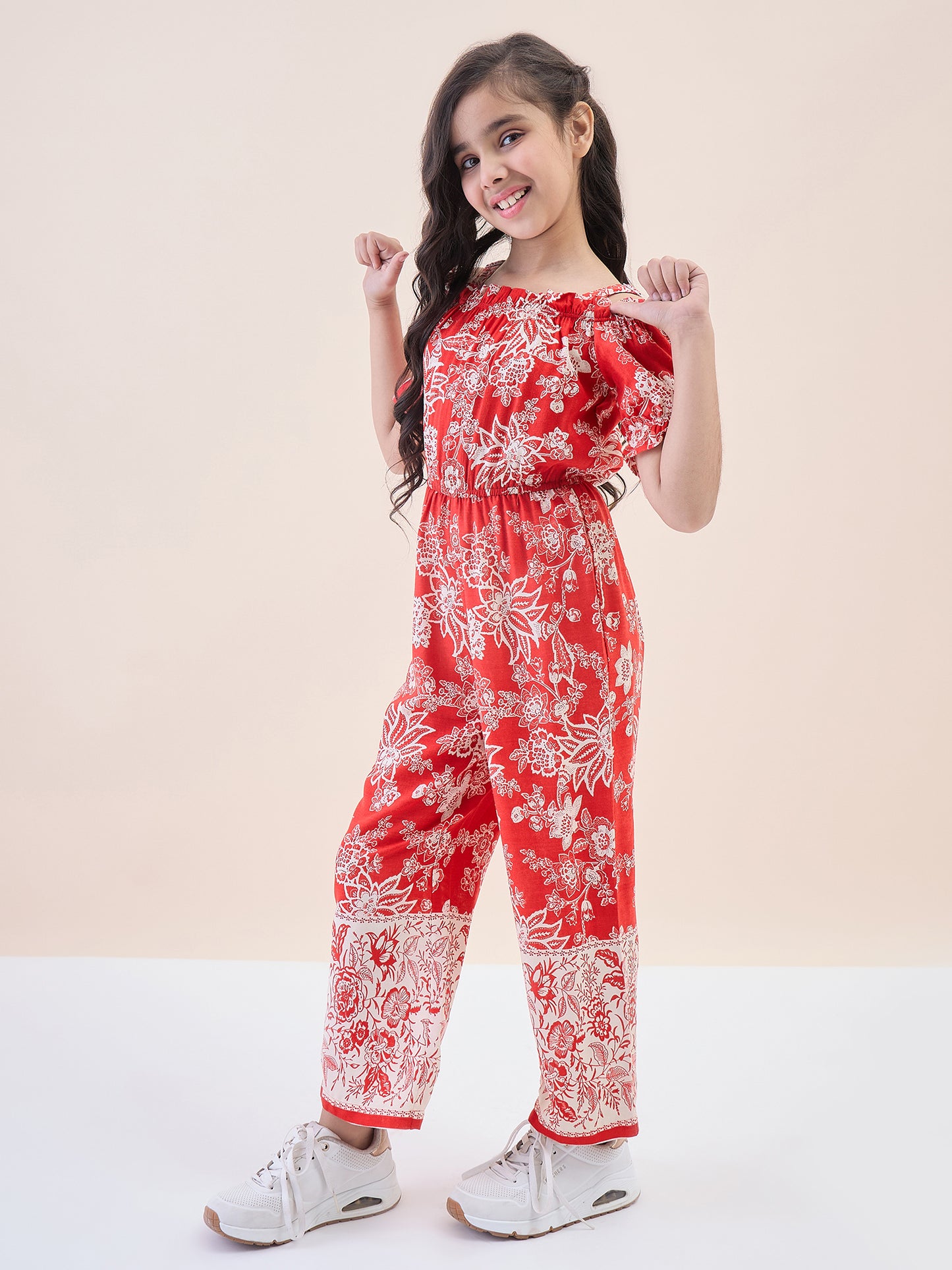 Girls Ankle Length All over Print Jumpsuit - Red
