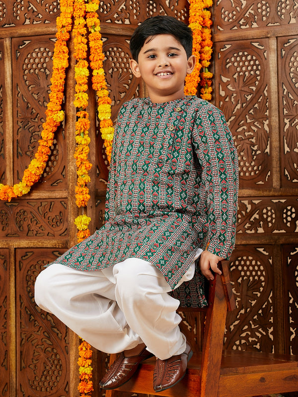 Boys Knee Length Abstract print Kurta Set - Green