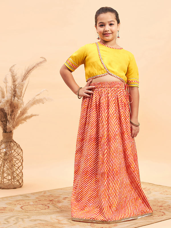 Girls Yellow Printed Cotton Fit and Flare Lahnga Choli