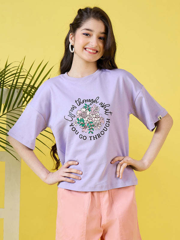 Girls Hip length Printed T-shirt - Purple