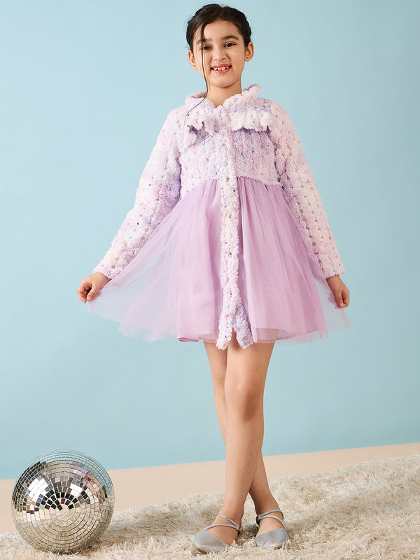 Girls Knee Length Embroidery Dress - Purple