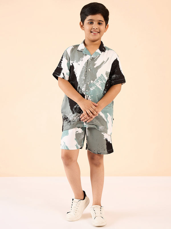 Boys Mid Thigh Printed Shirt with Shorts - Brown