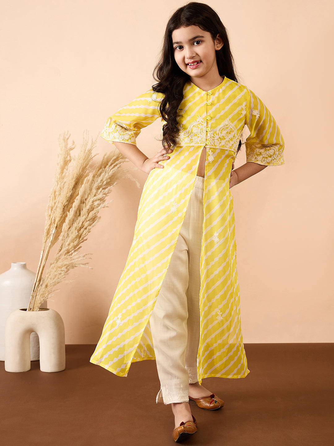 Girls Calf Length Printed Kurti Set - Yellow
