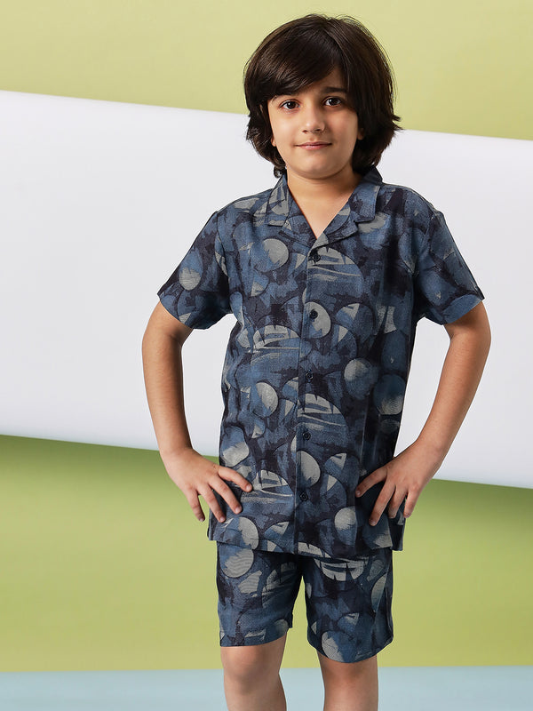 Boys Mid Thigh Printed Shirt with Shorts - Blue