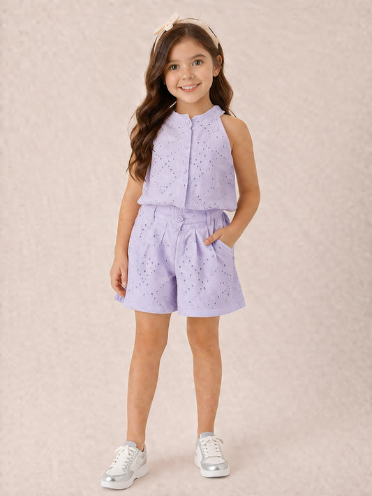 Girls Above Knee Embroidery Top with Shorts - Lavender