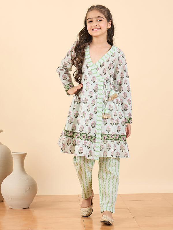Girls Above Knee All over Print Kurti Set - Blue