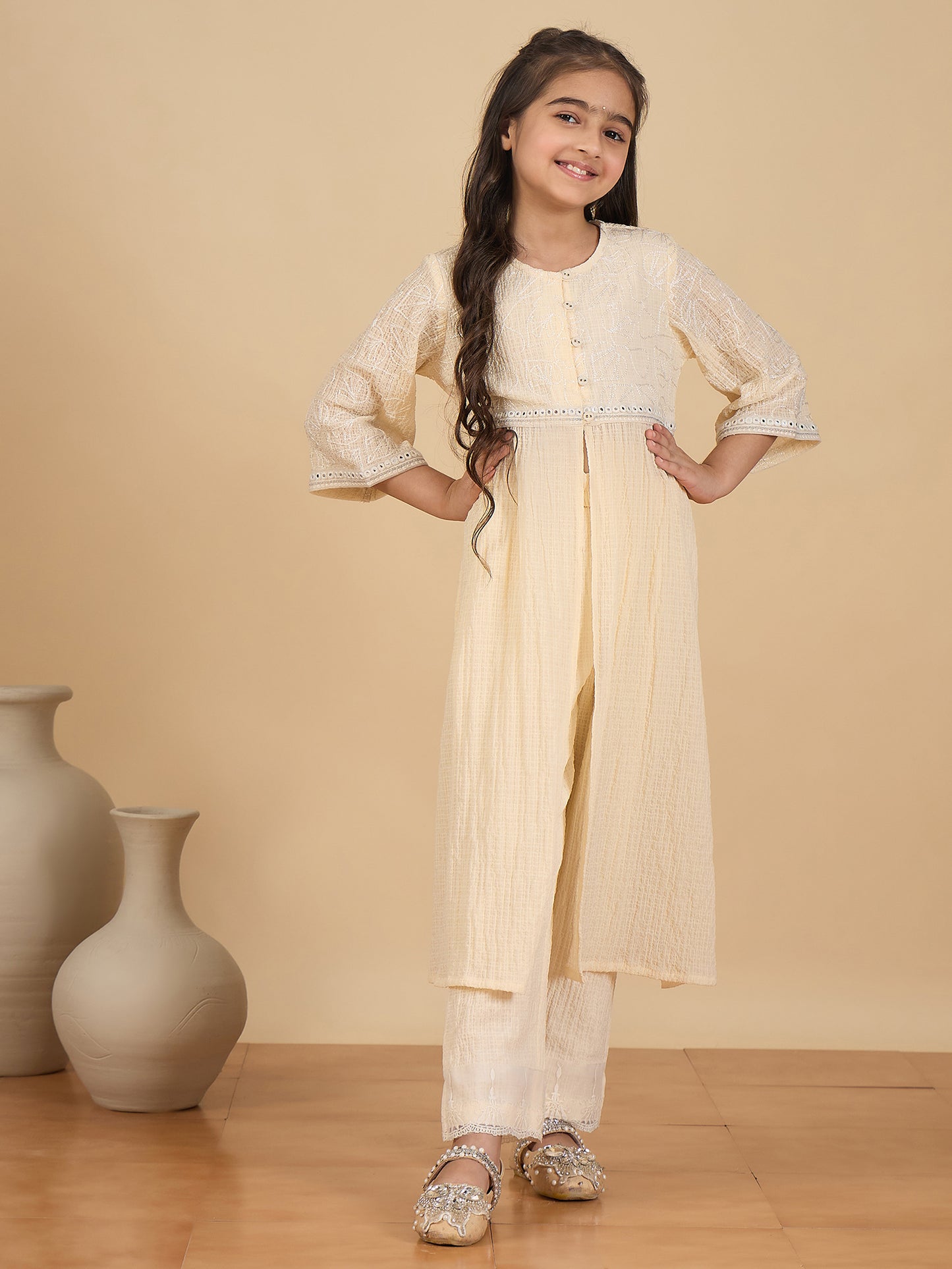 Girls Below Knee Embroidery Kurti Set - Cream