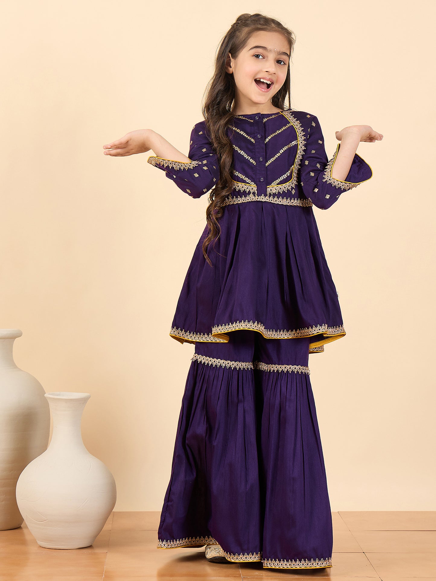 Girls Above Knee Embroidery Kurti Set - Purple