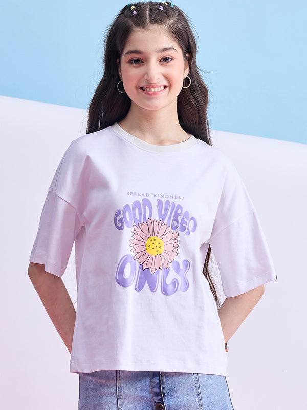 Girls Hip length Printed T-shirt - White