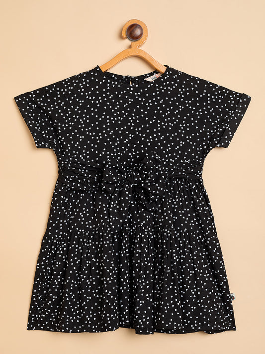 Girls Knee Length All over Print Dress - Black