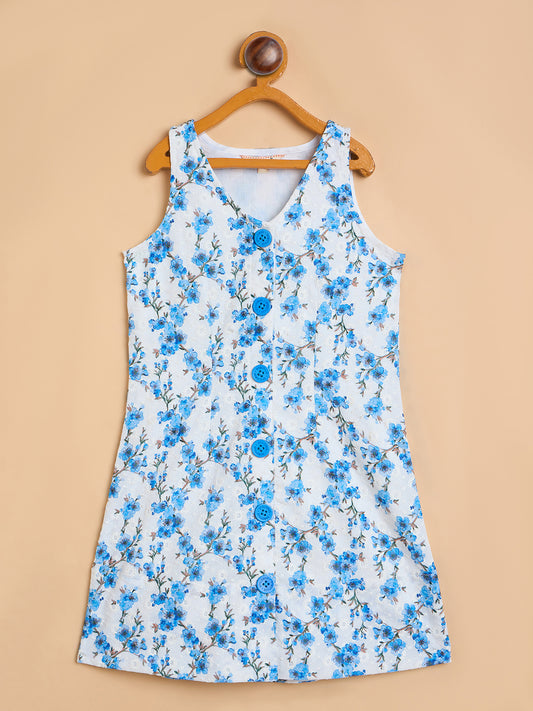 Girls Knee Length All over Print Dress - Blue