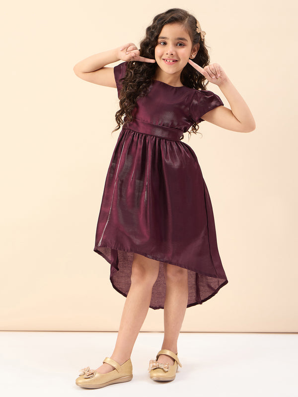 Girls Maroon Solid Polyester Fit and Flare Dress