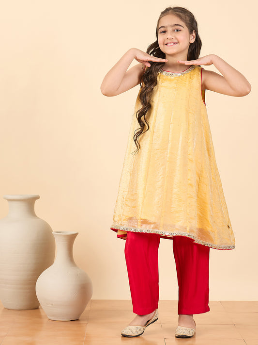 Girls Full Length Solid Kurti Set - Yellow