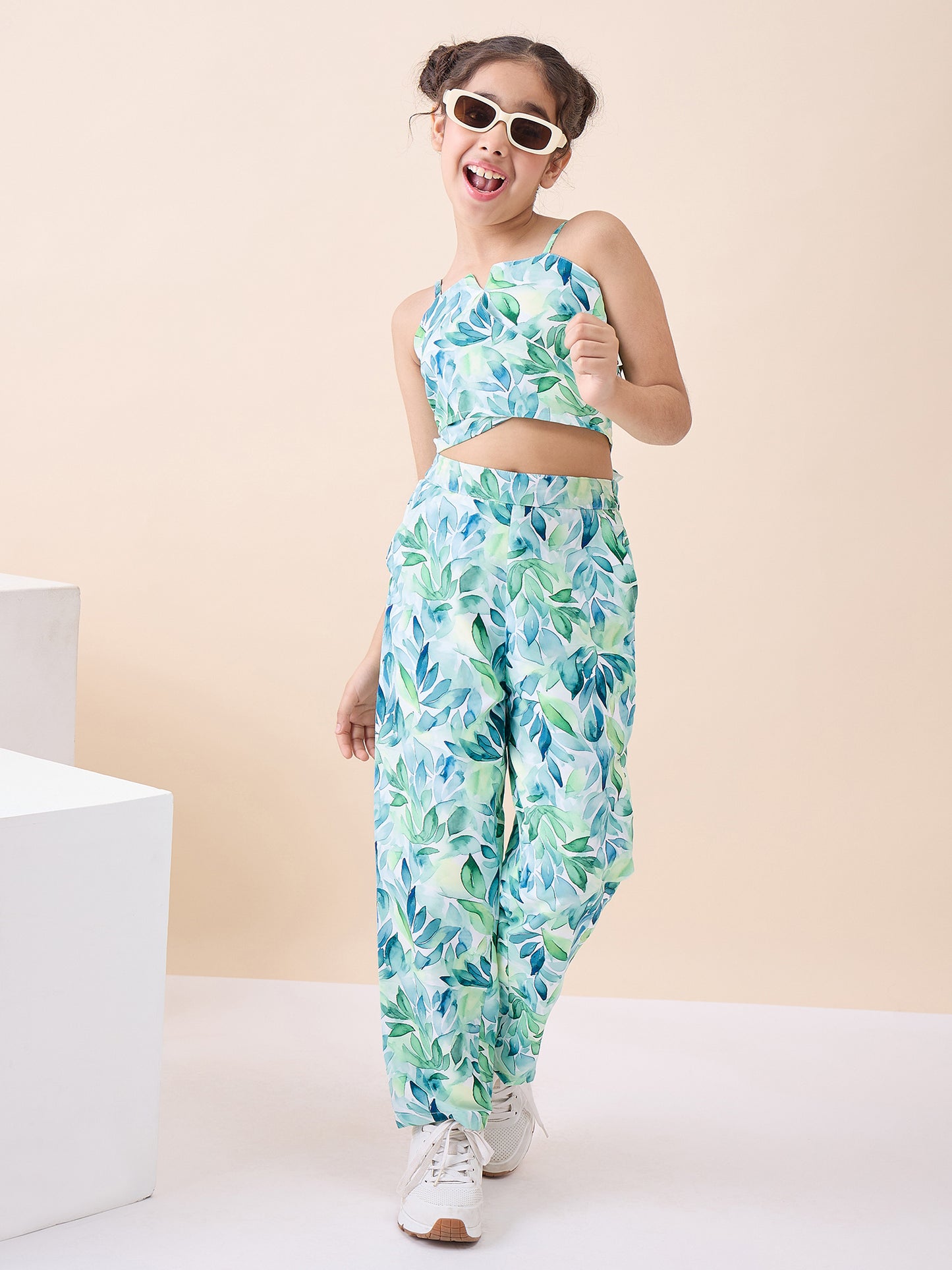 Girls Ankle Length All over Print Top With Pants - Green