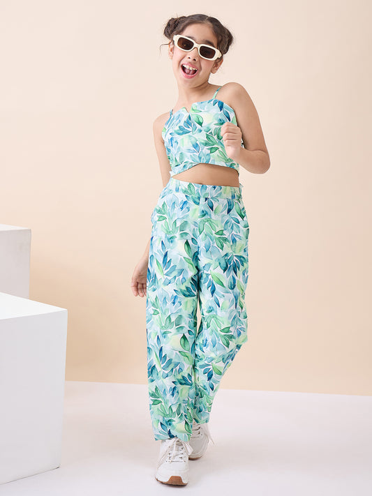 Girls Ankle Length All over Print Top With Pants - Green