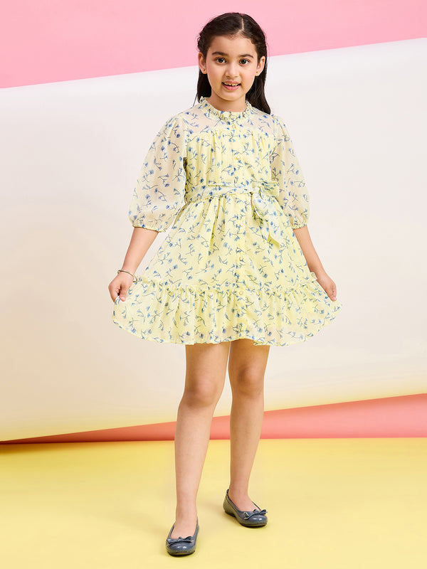 Girls Above Knee Printed Dress - Yellow