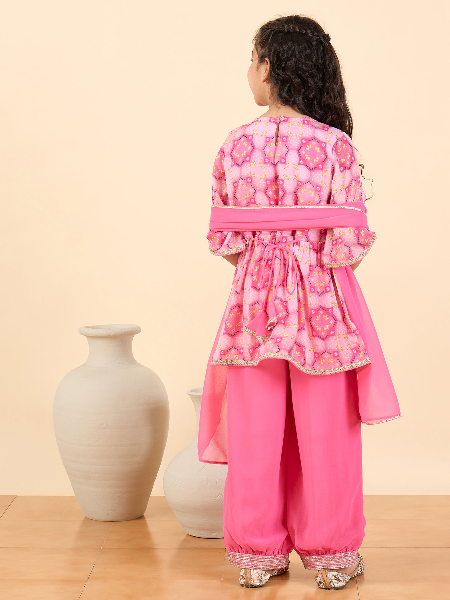 Girls Above Knee All over Print Kurti Set - Pink