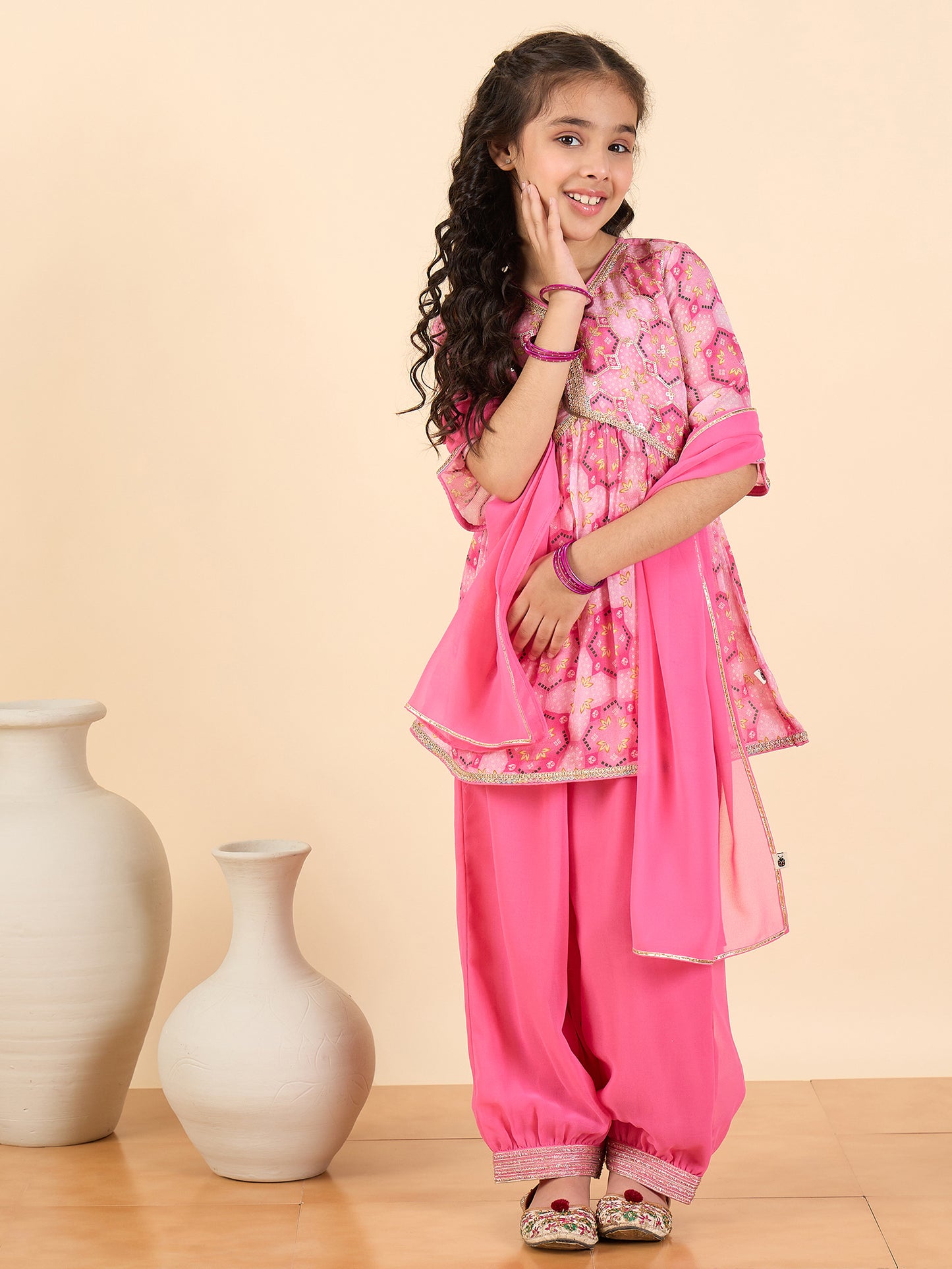 Girls Above Knee All over Print Kurti Set - Pink