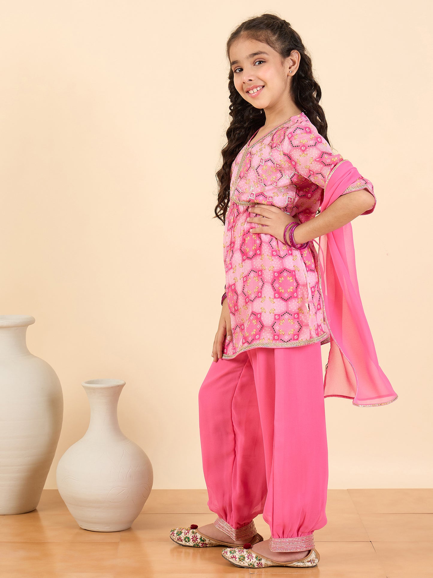 Girls Above Knee All over Print Kurti Set - Pink