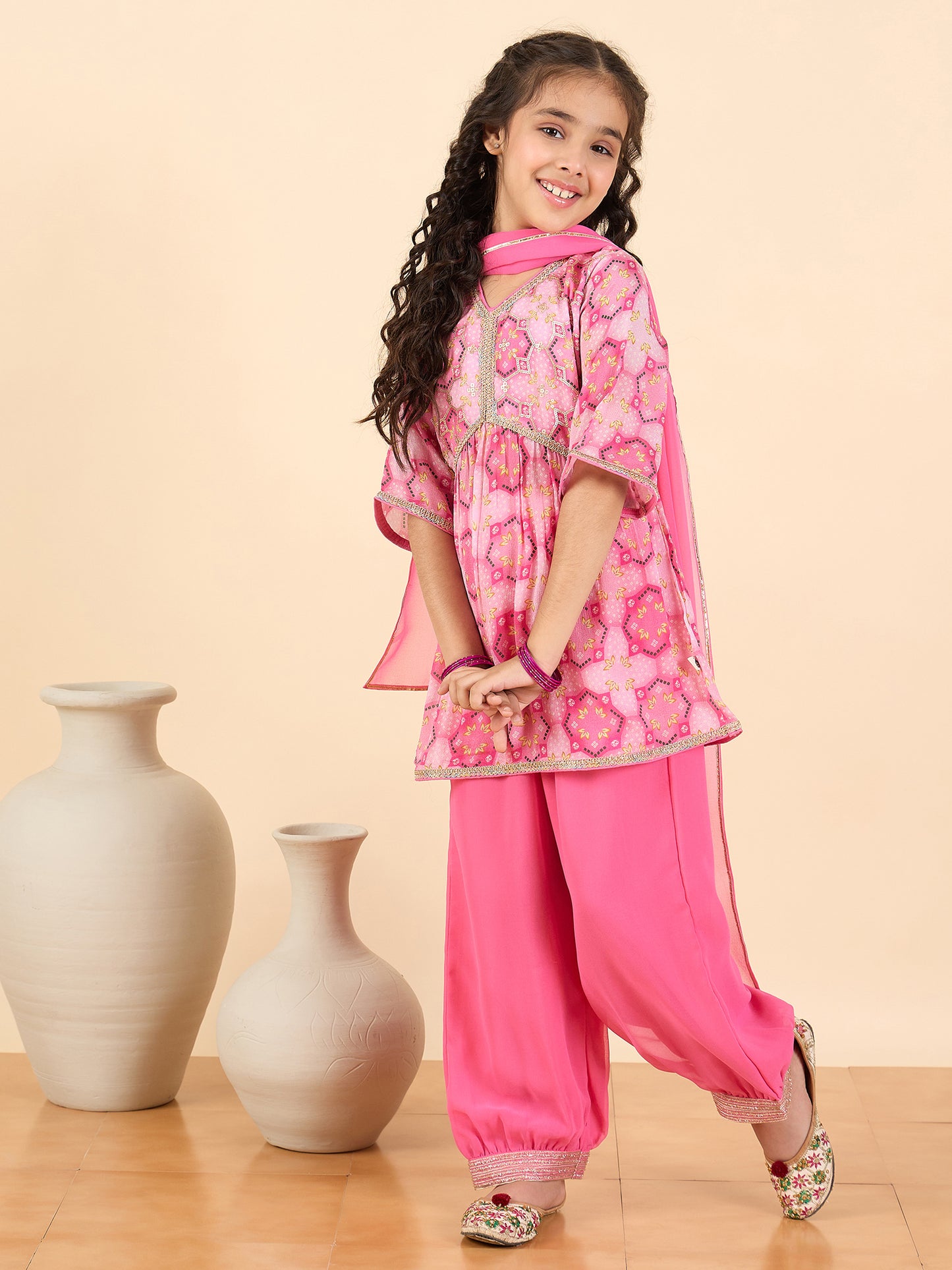 Girls Above Knee All over Print Kurti Set - Pink
