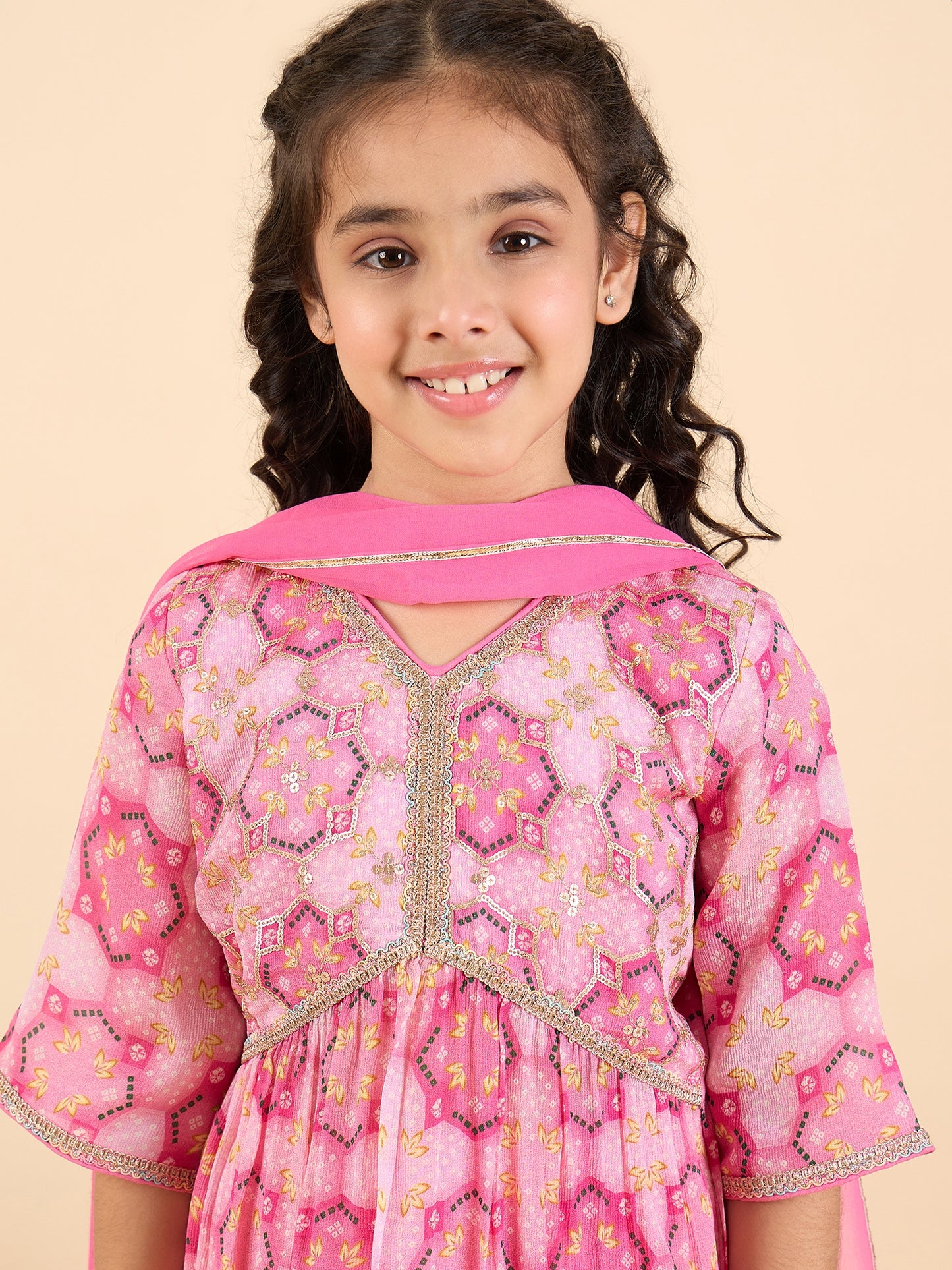 Girls Above Knee All over Print Kurti Set - Pink