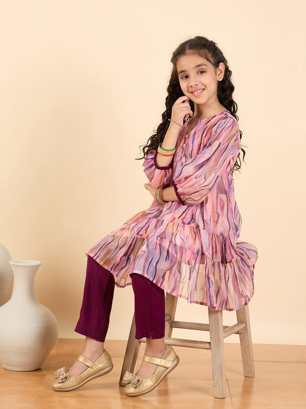 Girls Above Knee All over Print Kurti Set - Multi