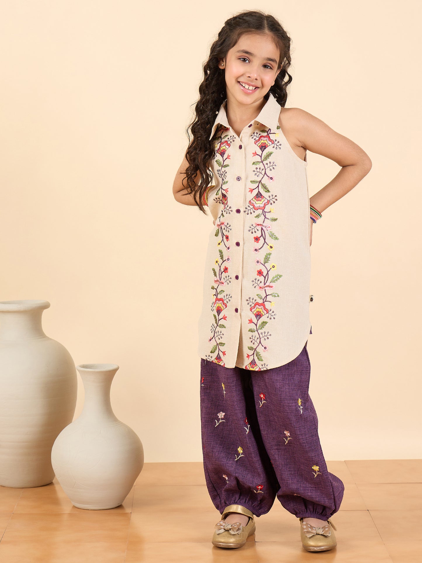 Girls Above Knee Embroidery Kurti Set - Off-White