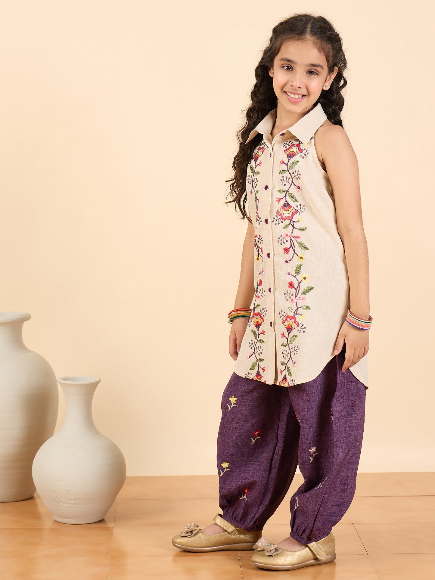 Girls Above Knee Embroidery Kurti Set - Off-White