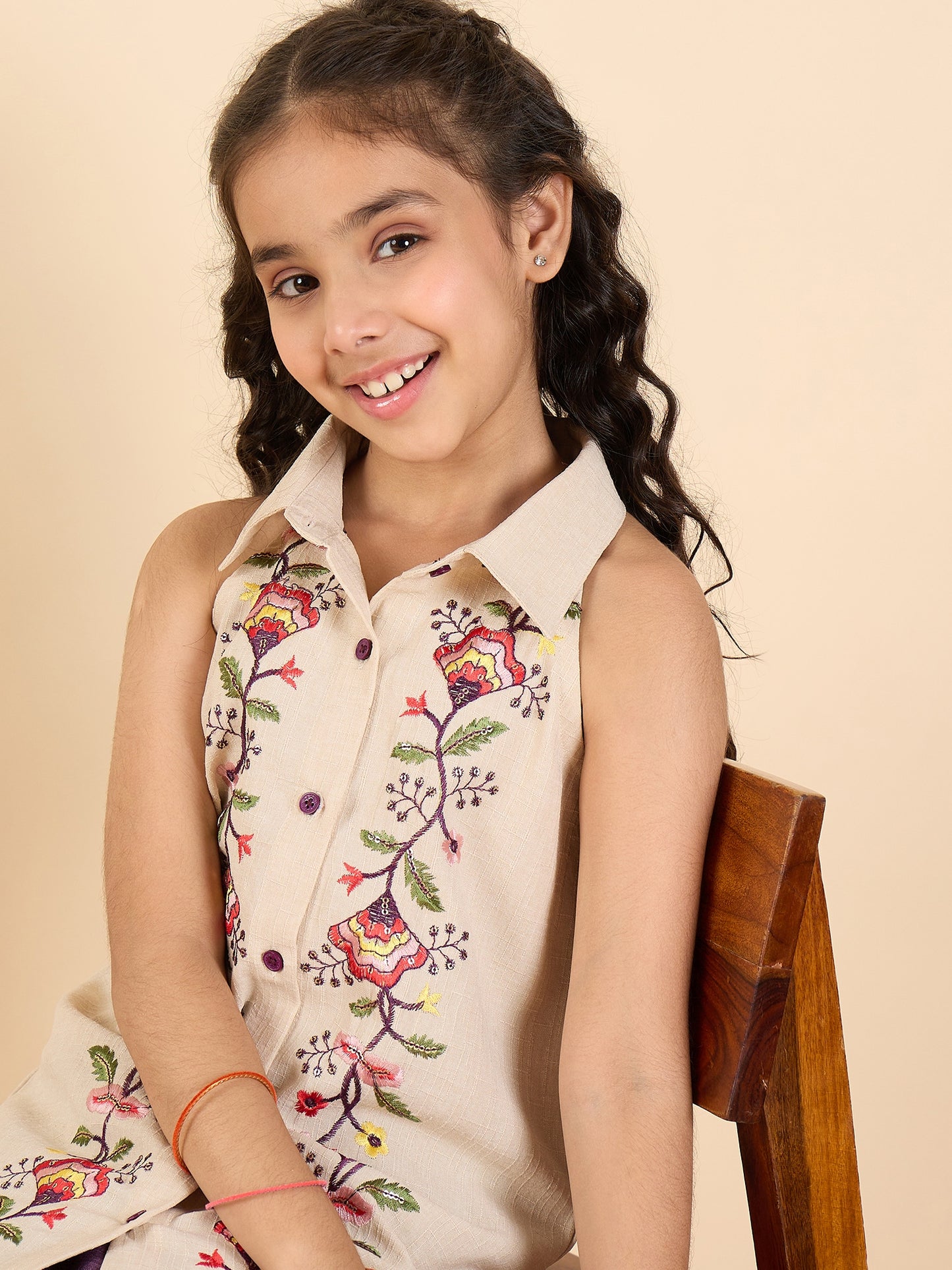 Girls Above Knee Embroidery Kurti Set - Off-White