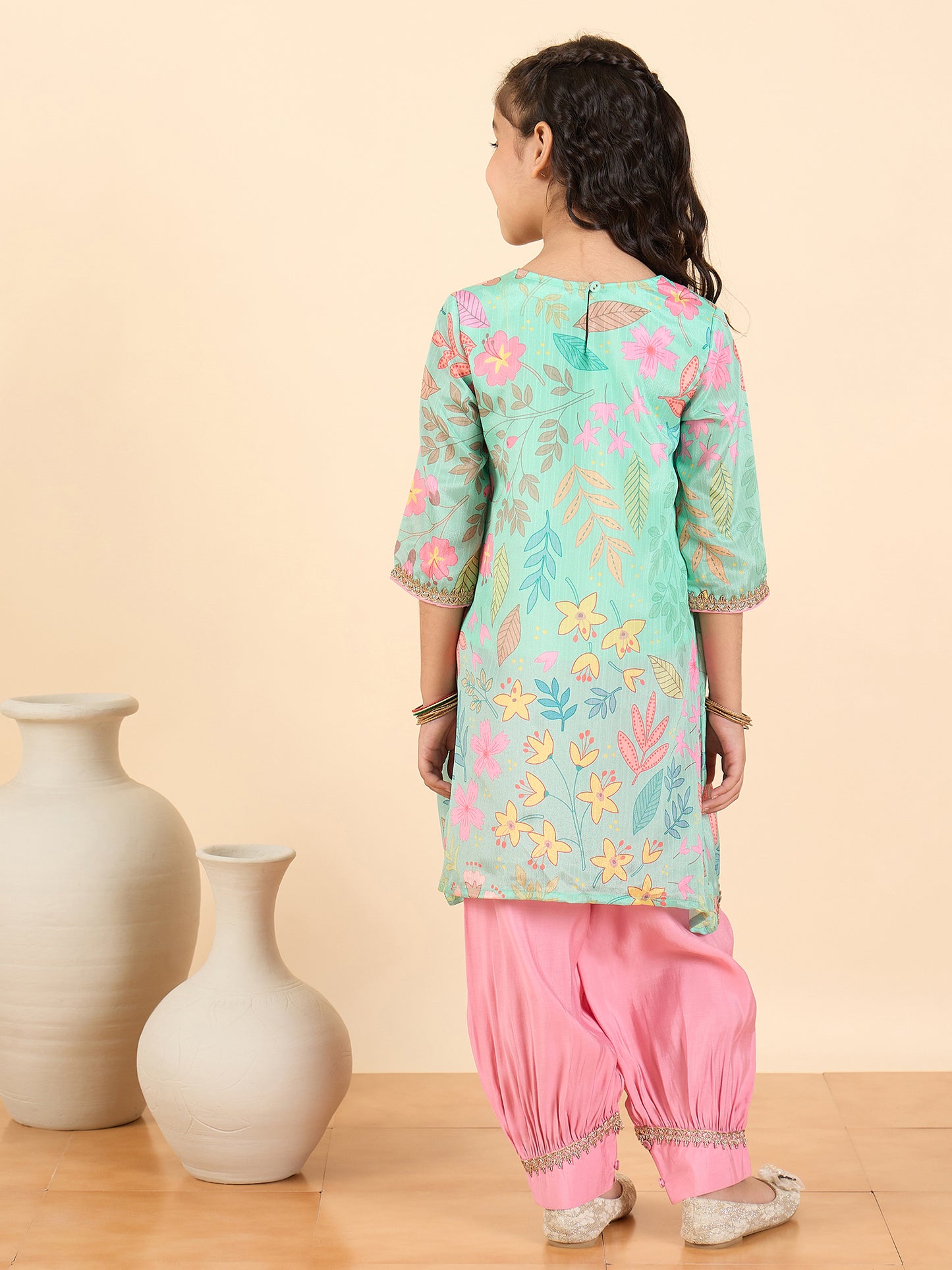 Girls Above Knee All over Print Kurti Set - Blue
