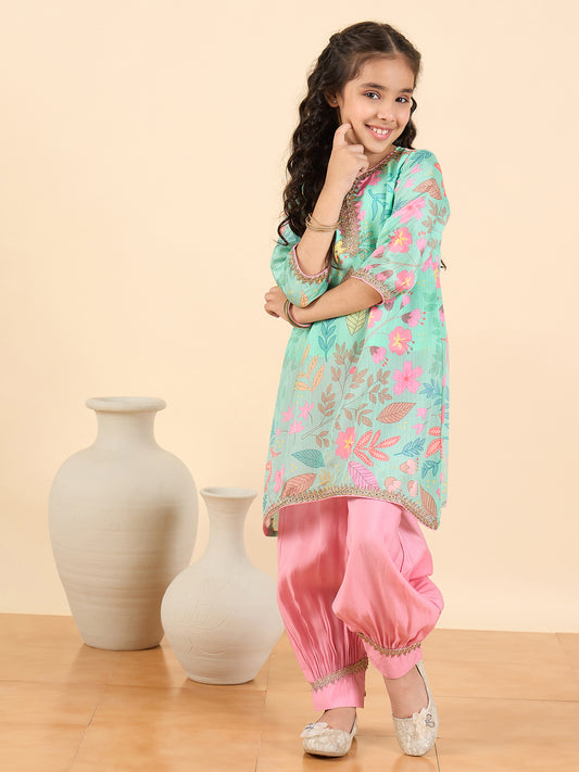 Girls Above Knee All over Print Kurti Set - Blue