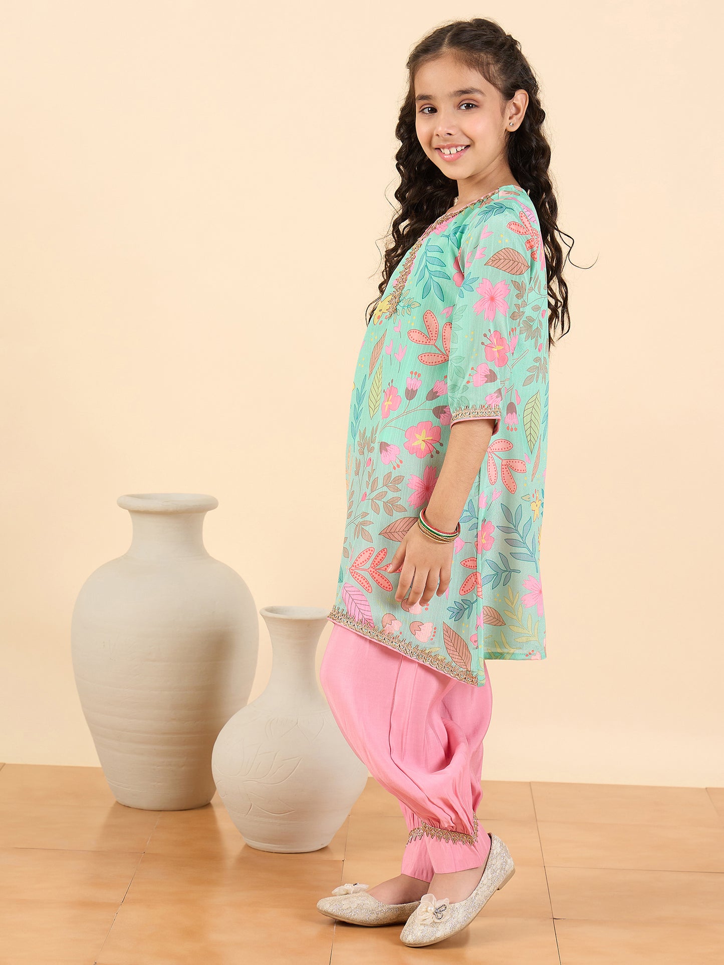 Girls Above Knee All over Print Kurti Set - Blue