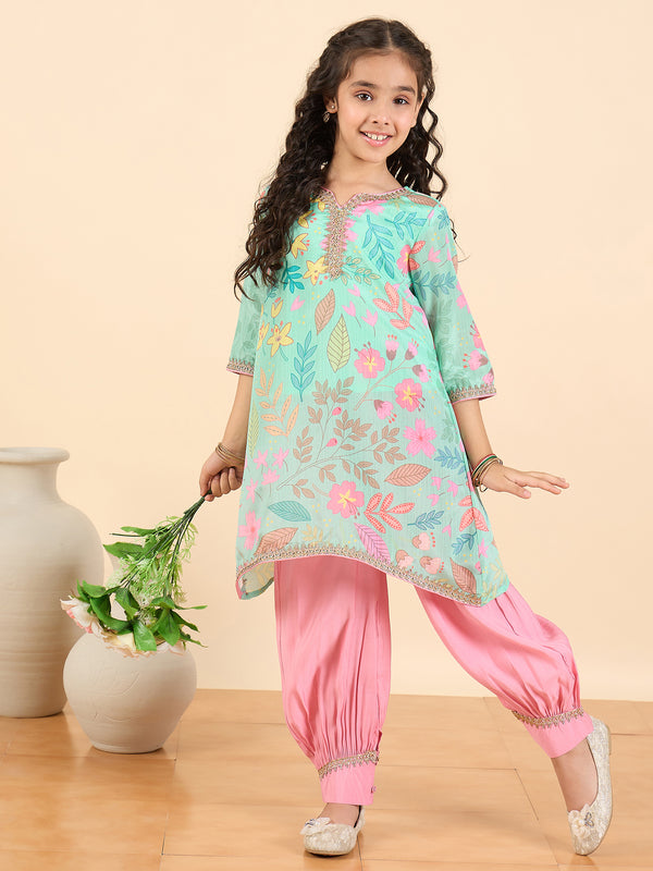 Girls Above Knee All over Print Kurti Set - Blue