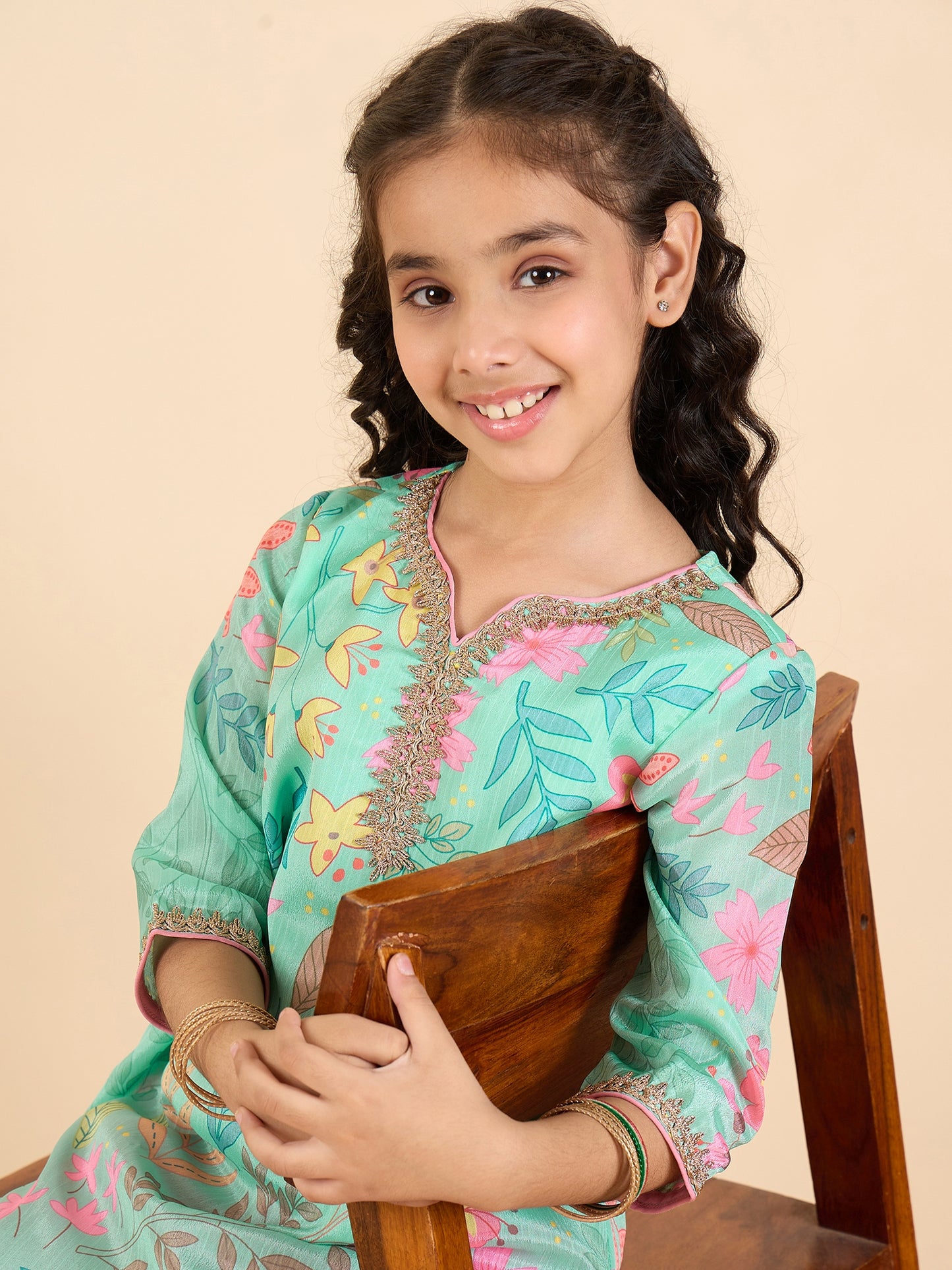 Girls Above Knee All over Print Kurti Set - Blue
