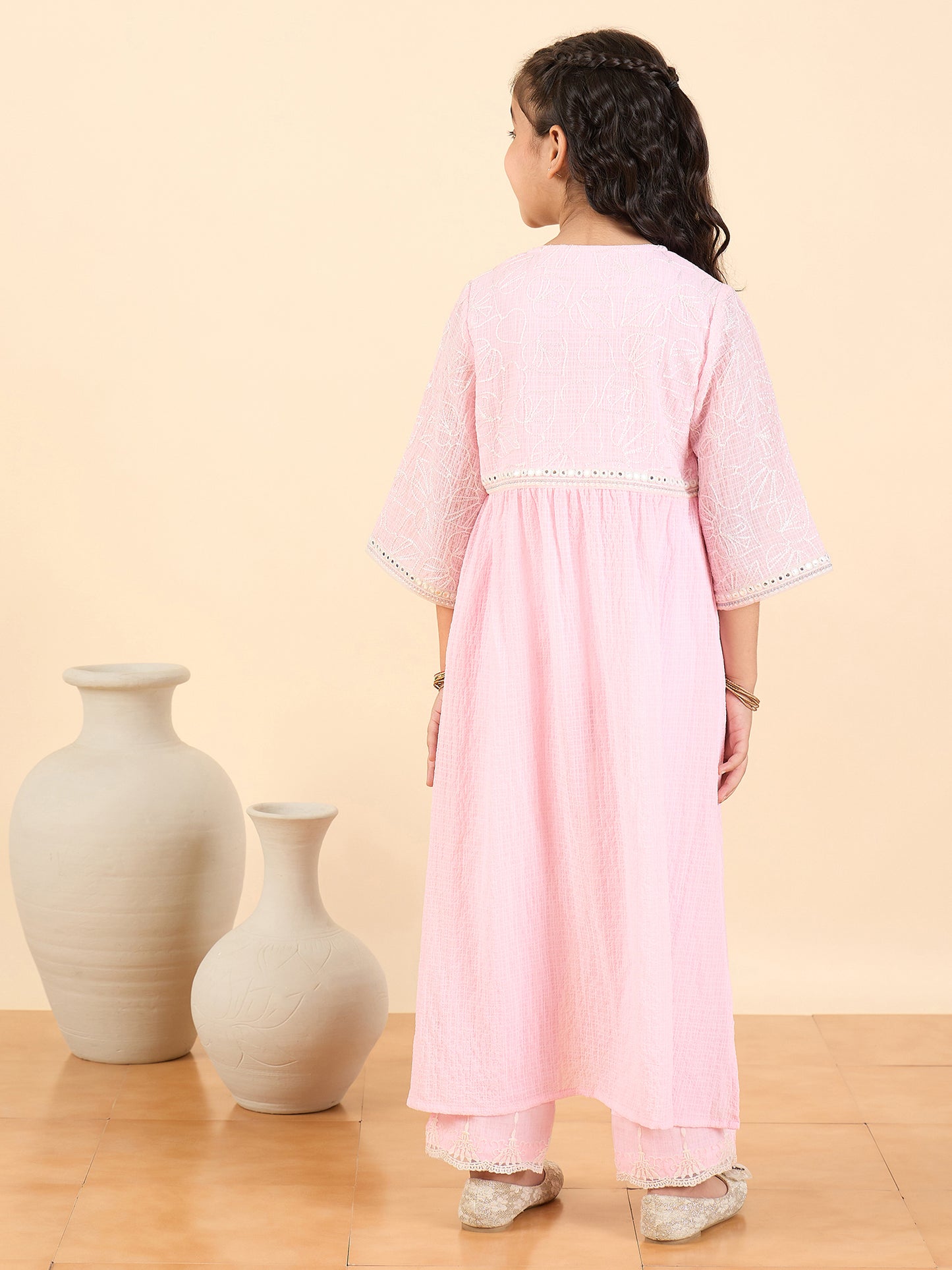 Girls Below Knee Embroidery Kurti Set - Pink