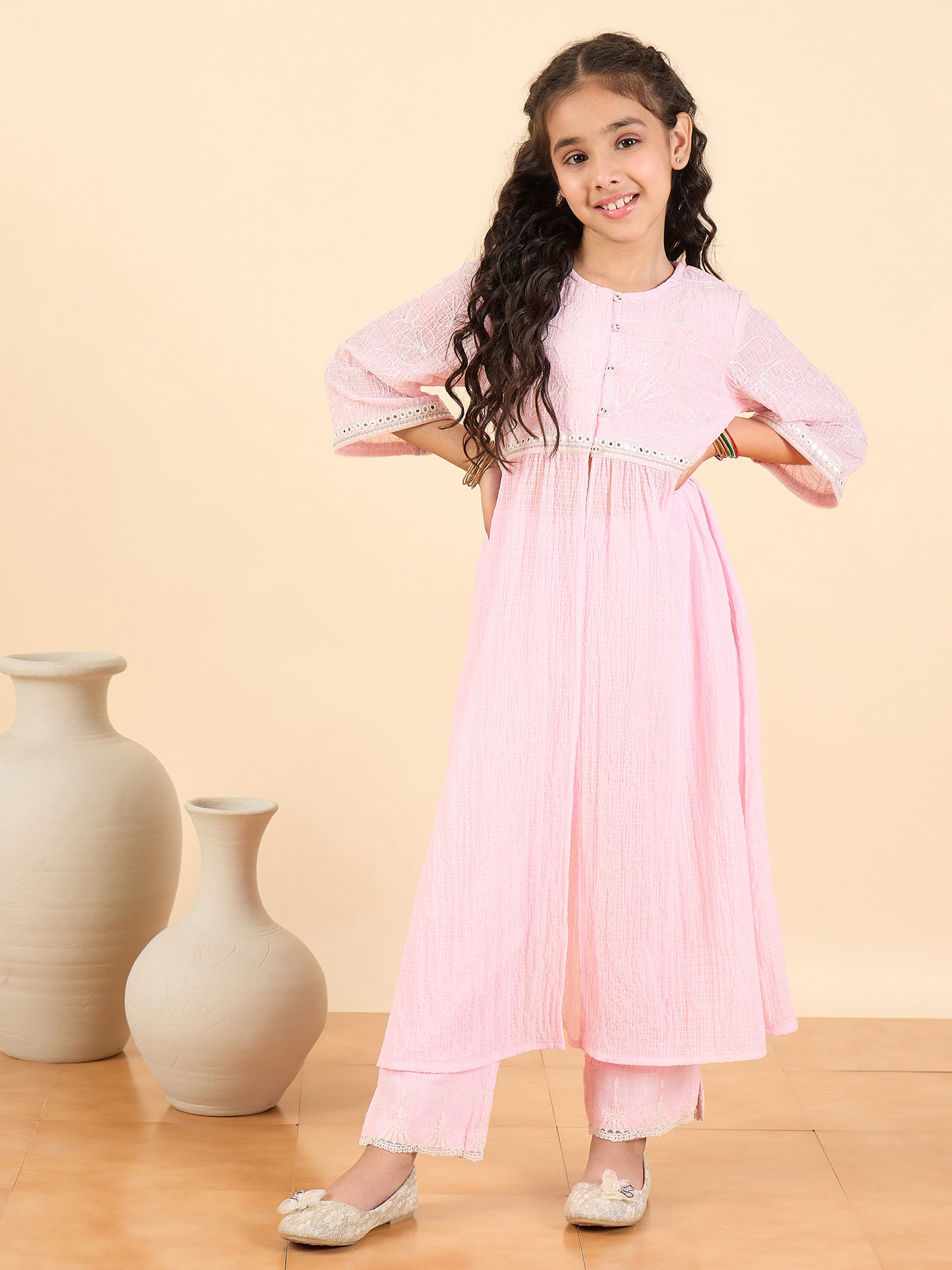 Girls Below Knee Embroidery Kurti Set - Pink