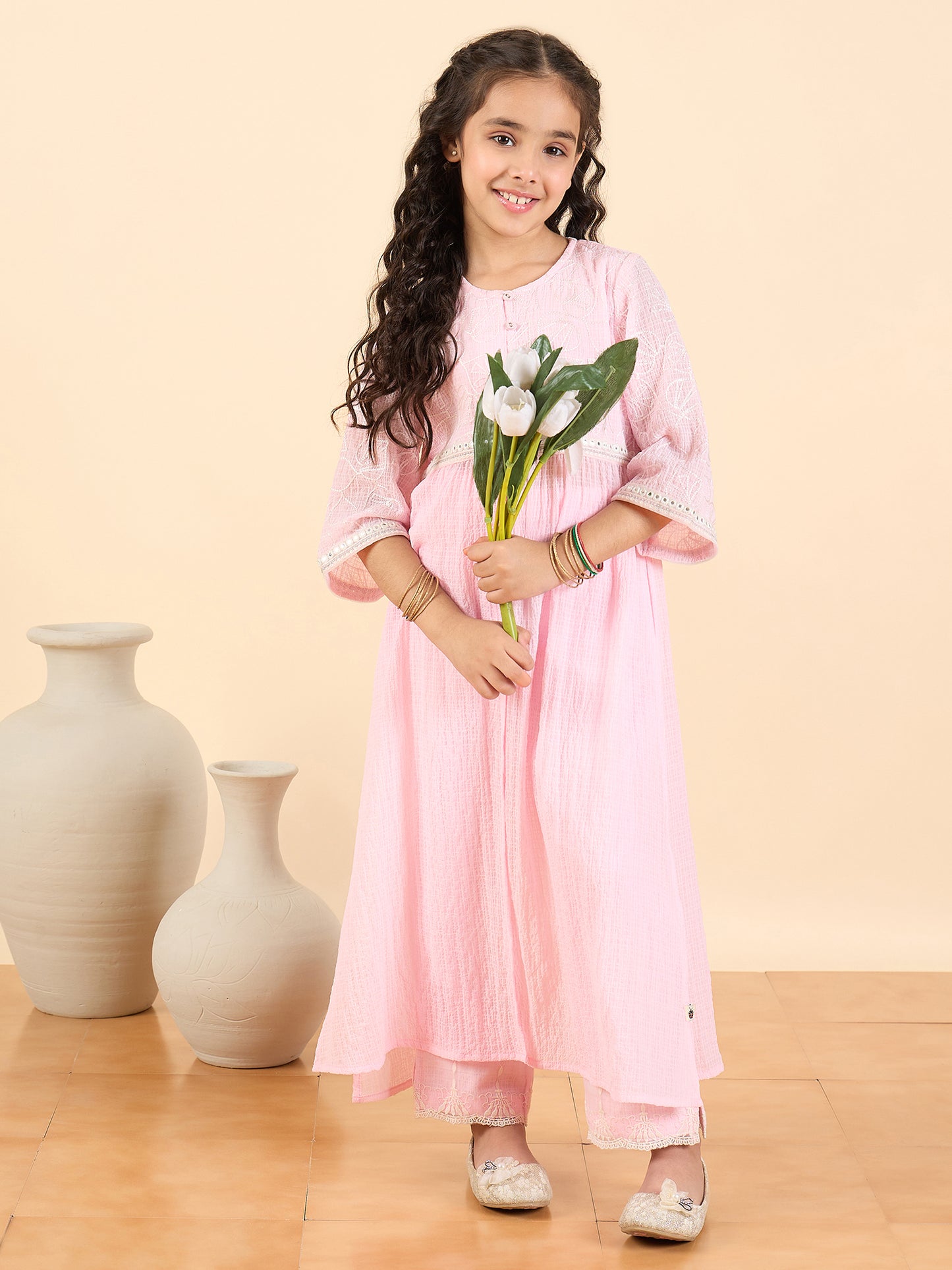 Girls Below Knee Embroidery Kurti Set - Pink