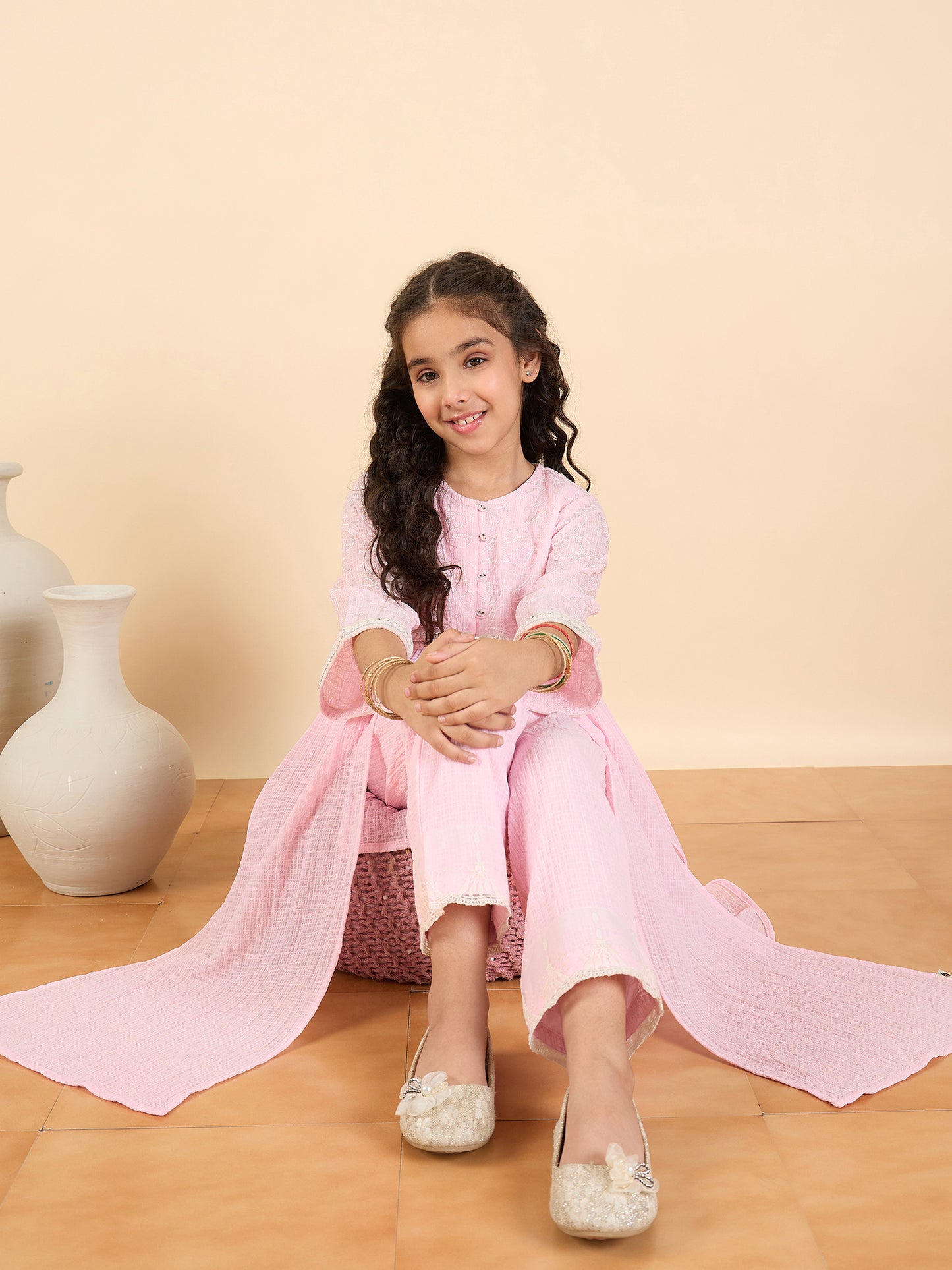 Girls Below Knee Embroidery Kurti Set - Pink