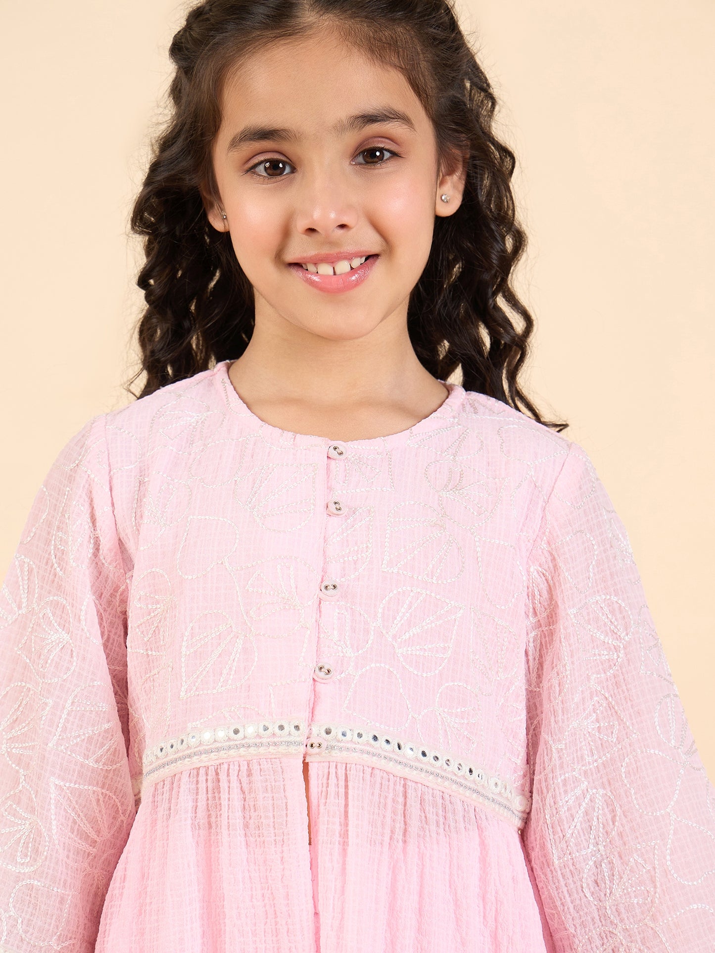 Girls Below Knee Embroidery Kurti Set - Pink