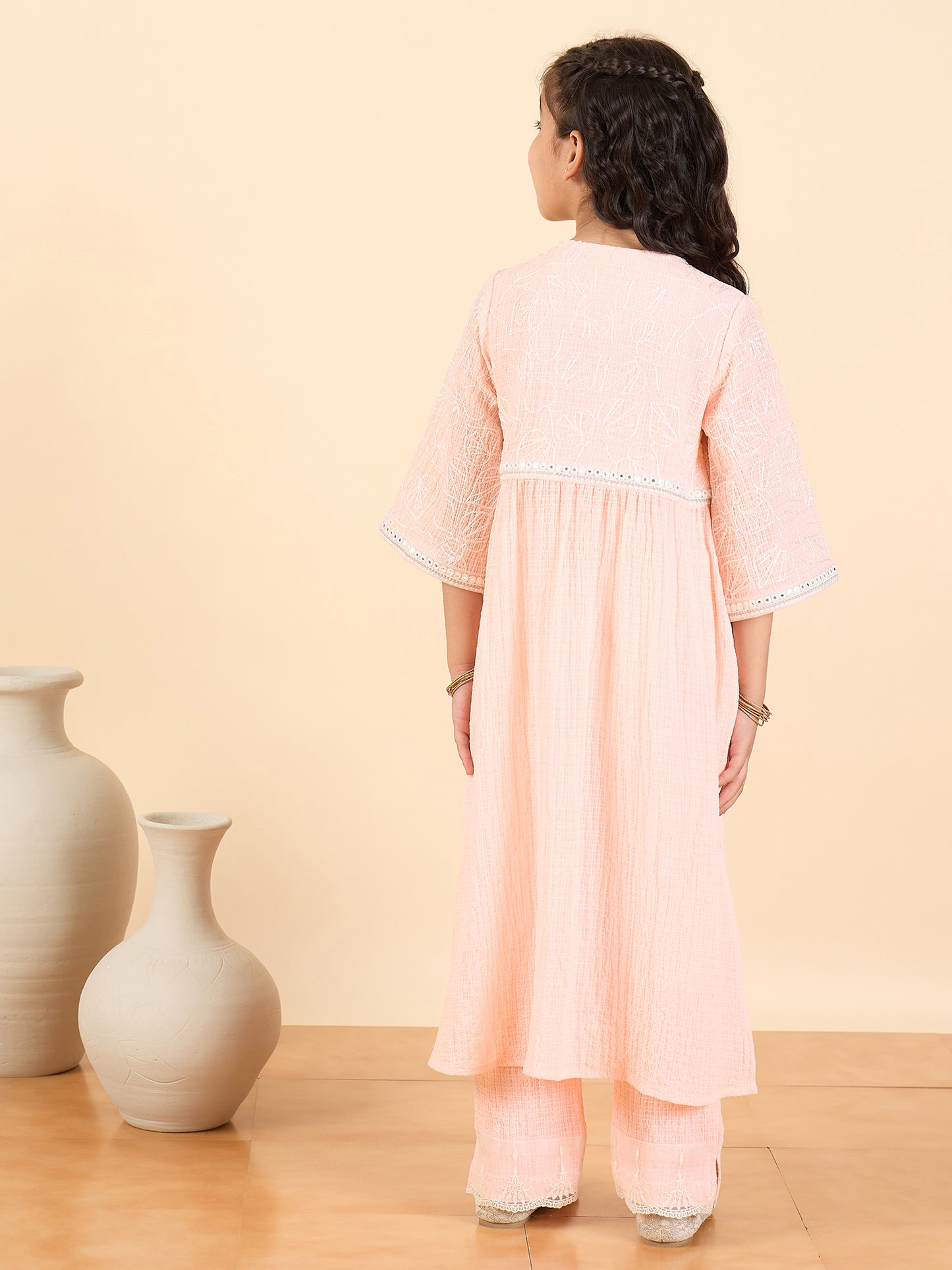 Girls Below Knee Embroidery Kurti Set - Peach